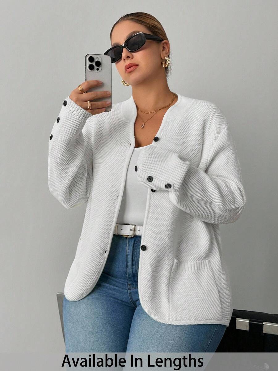 SHEIN PETITE CURVE 大码女式纯色长袖单排扣立领休闲开衫，秋冬 - 白色 - 查看 1