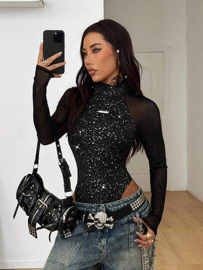 Coolane Women's All-Season Music Festival Party Breathable Mesh Stretchy Bodysuit Jumpsuits Valentine's Day Sparkly,Fall,Black Bodysuit