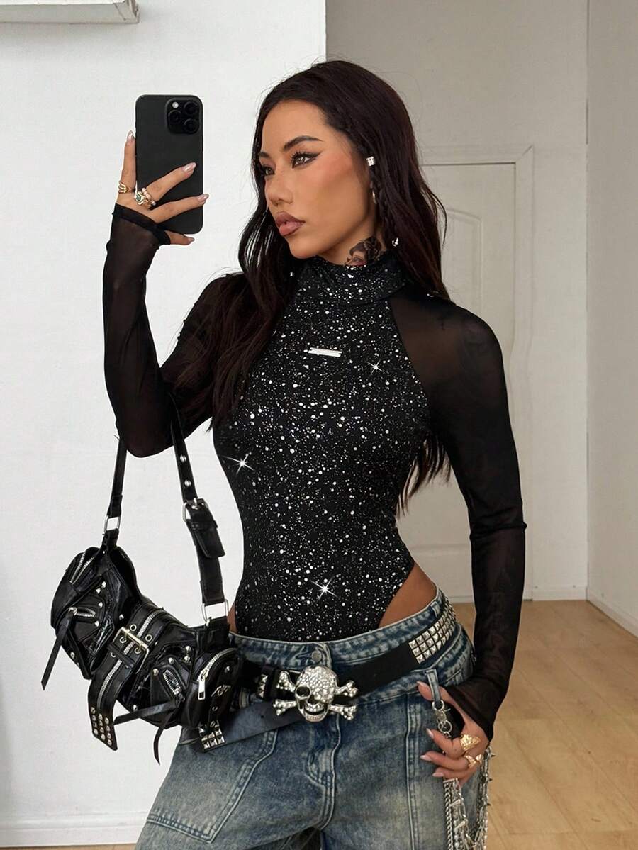 Coolane Women's All-Season Music Festival Party Breathable Mesh Stretchy Bodysuit Jumpsuits Valentine's Day Sparkly,Fall,Black Bodysuit - Black - View 1