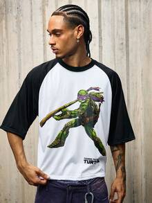 ROMWE MEN TEENAGE MUTANT NINJA TURTLES X ROMWE 男士休闲时尚街头卡通乌龟与口号图案撞色插肩袖宽松 T 恤，夏季 - 黑與白 - 查看 10