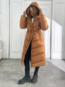 EURMUSE 女士纯色加厚前拉链按扣拉链口袋中长款冬季外套冬季夹克休闲 - 駝色 - 查看 6