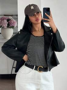 SHEIN Clasi Plus Size Women Casual Fashion Faux Leather Jacket