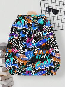 SHEIN Áo nỉ dài tay dáng rộng thoải mái, phong cách hip hop cổ điển, màu sắc tươi tắn, in hình mặt cười graffiti, thích hợp cho bé trai tuổi teen, mùa thu/đông. - Nhiều màu - Xem 2