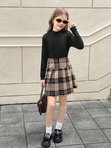 SHEIN 青少年女孩黑色罗纹针织长袖短款 T 恤和卡其色格子百褶裙两件套服装，休闲优雅风格，返校季 - 黑色 - 查看 8