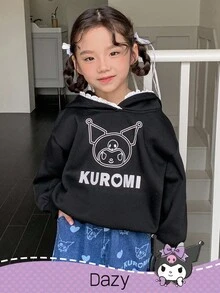 DAZY HELLO KITTY AND FRIENDS | SHEIN 少女针织卡通图案连帽卫衣，秋冬 - 黑色 - 查看 3