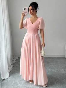 Elenzga Vestido elegante, romántico y sofisticado para mujeres con escote en V, mangas abullonadas y silueta evasé