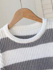 New Colorblock Striped Crew Neck Knit Sweater, Casual Japanese Style For Boys, Winter Fall - White - View 4