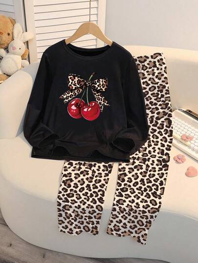 Genkimix Kids 1Set Tween Girls Pajamas, Black Knit  Round Neck Long Sleeve Top With Leopard Print, Bowknot & Cherry Pattern, Paired With All-Over Leopard Print Pants, Suitable For Casual Daily Wear Or Loungewear Cherry Girls Clothes Tween Girl Leopard Set Cherry Kids Outfit Fall Winter