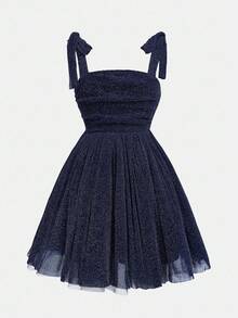 SHEIN Girlism 青少年女孩派对装，蝴蝶结网眼吊带褶皱无袖吊带荷叶边优雅连衣裙，适合圣诞节、秋冬连衣裙、万圣节、圣诞节、派对，皇家蓝色纯色连衣裙，太阳下摆连衣裙 - 寶藍色 - 查看 6