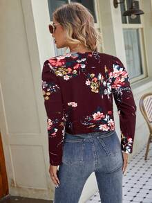 SHEIN Clasi Floral Print Gigot Sleeve Cropped Cardigan In Fall/Winter - Burgundy - View 2