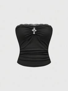 ROMWE Goth 哥特洛丽塔性感交叉蕾丝边紧身胸衣上衣和撞色蕾丝边蛋糕裙 2 件套 - 黑色 - 查看 7