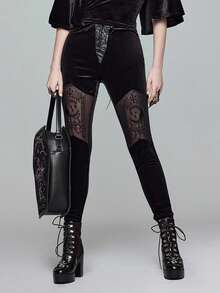 ROMWE Goth 哥特式宫殿风格万圣节月亮十字架刺绣装饰天鹅绒裤 - 黑色 - 查看 1