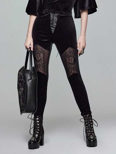 Goth Conjunto de estilo gótico palaciego para Halloween, leggings de terciopelo con bordado de luna y cruz