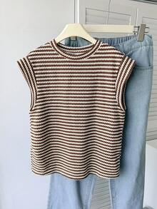 SHEIN Teen Girls Striped Round Neck Short Sleeve Casual T-Shirt, Minimalist Leisure Wear Striped Summer Tops Ribbed Tops Summer Tops For Teen Girls Teen Girl Summer Clothes Short Sleeve Tops