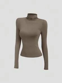 Sweetra Conjunto de camiseta de cuello alto de terciopelo de ajuste ceñido y cómodo para mujer, otoño/invierno - Multicolor - Ver 3