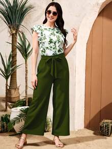 SHEIN 2pcs/Set Teen Girl All Over Printed Round Neck Cap Sleeve Ruffle Trim Top And Trousers - Army Green - View 3