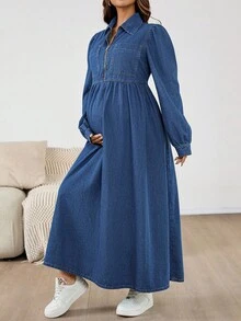 SHEIN Maternity Fashion Zip-Up Long Denim Dress Denim Midi Dress With Zipper Front Long Sleeves And Collar Comfortable Fit For Everyday Wear Christmas Maternity Dress Cute Mom Style Versatile Minimalist 2025 Autumn/Winter New Arrival Maternity Dress Pick Winter Christmas New Year Thanksgiving Commuting Vacation Graduation Chic Y2k Cute Streetwear Wedding Elegant Business Casual Woman - Blue - View 1