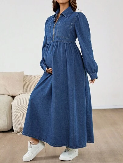 SHEIN Maternity Fashion Zip-Up Long Denim Dress Denim Midi Dress With Zipper Front Long Sleeves And Collar Comfortable Fit For Everyday Wear Christmas Maternity Dress Cute Mom Style Versatile Minimalist 2025 Autumn/Winter New Arrival Maternity Dress Pick Winter Christmas New Year Thanksgiving Commuting Vacation Graduation Chic Y2k Cute Streetwear Wedding Elegant Business Casual Woman