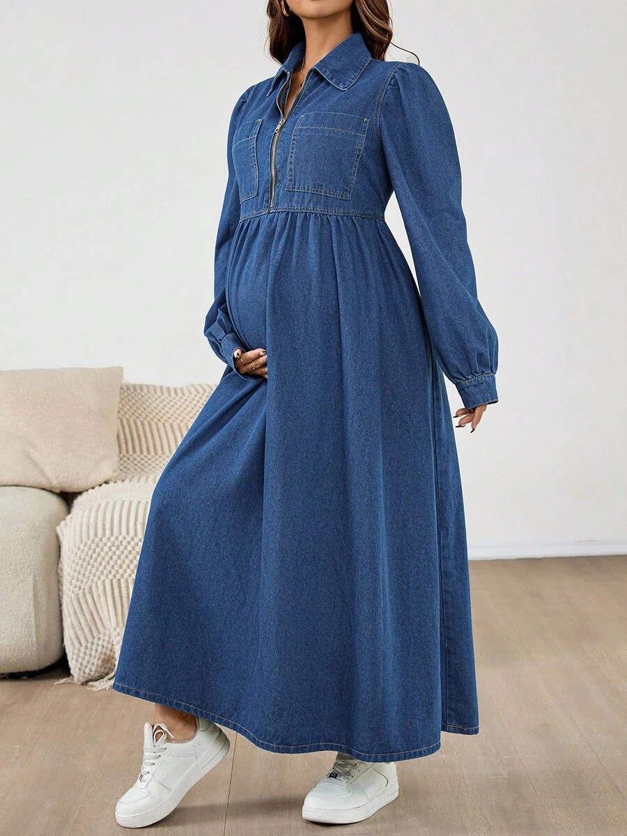 SHEIN Maternity Fashion Zip-Up Long Denim Dress Denim Midi Dress With Zipper Front Long Sleeves And Collar Comfortable Fit For Everyday Wear Christmas Maternity Dress Cute Mom Style Versatile Minimalist 2025 Autumn/Winter New Arrival Maternity Dress Pick Winter Christmas New Year Thanksgiving Commuting Vacation Graduation Chic Y2k Cute Streetwear Wedding Elegant Business Casual Woman - Blue - View 1