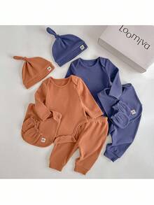 Loomiva 10pcs/Set Newborn Baby Boy/Girl Simple Rainbow Pattern Solid Color Casual Comfortable Infant Gift Set (Bodysuit + Pants + Hat + Bib + Mittens), Suitable For Autumn/Winter, Newborn Gift