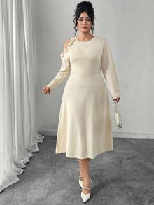 Modelyn Plus Size Solid Color 3D Floral Decor Long Sleeve Sweater Dress - White - View 6
