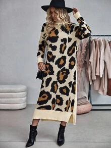 EMERY ROSE Women's Fashionable Casual Leopard Print Turtleneck Sweater Dress - Multicolor - View 5
