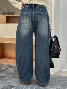 Dazy Kids Tween 女童休闲破洞喇叭牛仔裤 - 深色水洗藍 - 查看 3