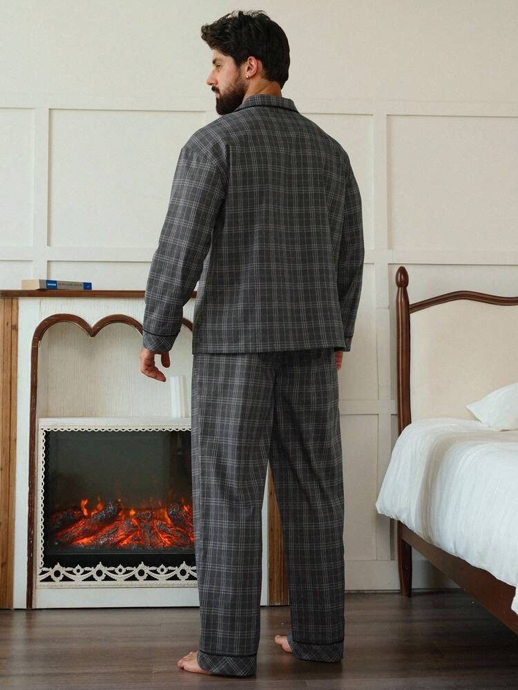 Men's Letter Plaid Print Shirt & Pants Loungewear Set, Autumn, Fall Winter Clothes Pajama