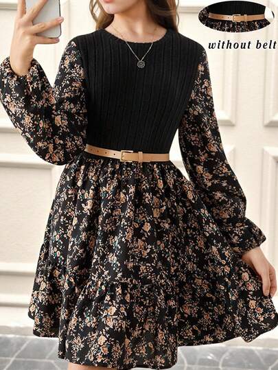 SHEIN Serisse Kids Tween Girl LUNE 花卉印花灯笼袖荷叶边下摆连衣裙，法式花卉，仙女裙，田园风