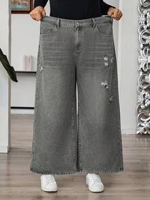 SHEIN CURVE+ 女士灰色秋冬宽松休闲牛仔裤，破洞装饰，女士所有服装，万圣节服装，女士乡村风格，别致秋季