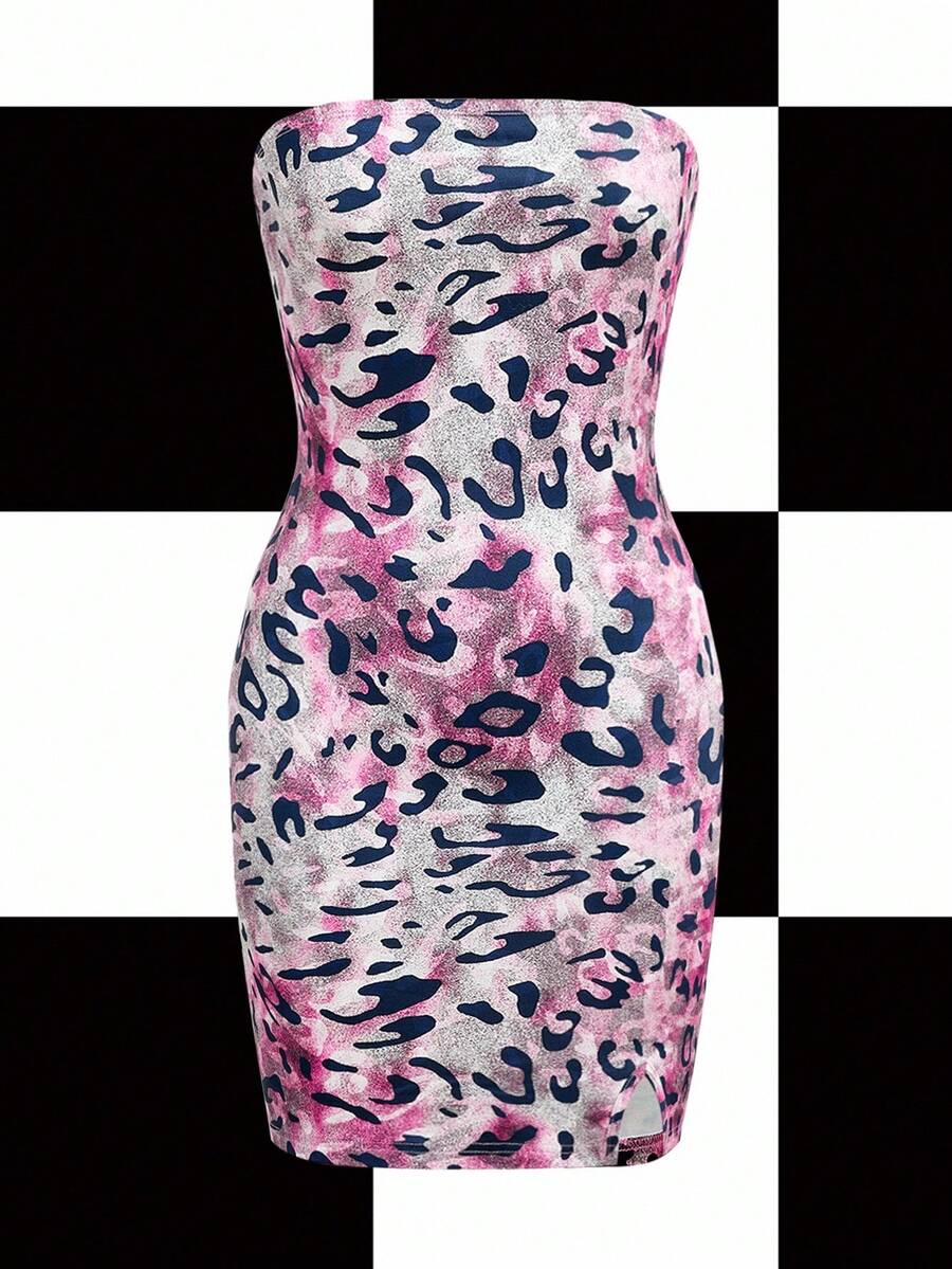 Shutterstock Y2Kool Women's Leopard Ombre Print Sexy Cropped Halter Slit Mini Dress, Suitable For Party, Nightclub, Street, Halloween, Y2K, Autumn/Winter Graphic Dress Pink Cheetah Print Pink Leopard Print Animal Print Dress Bodycon Summer Dress Matching Idea Casual Stylish Clothing Collection New Year Outfits - Purple - View 1
