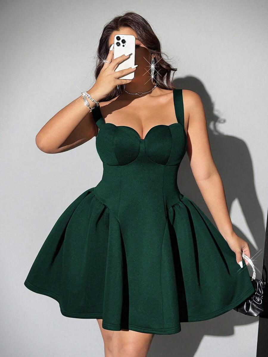 Viva Relle Plus Size Women's Elegant Simplistic Solid Color Shell Trim Heart Bust Cinched Waist Spaghetti Strap Dress, Summer - Dark Green - View 1