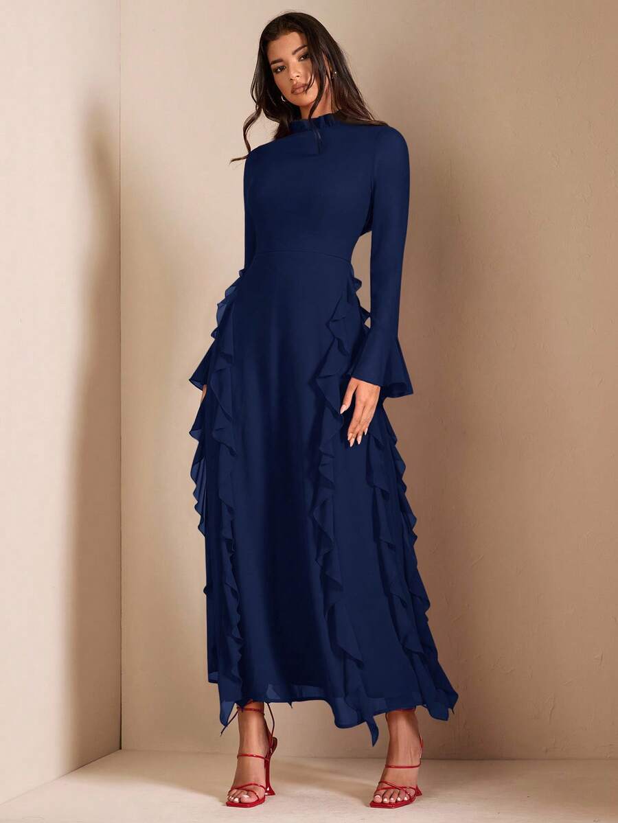 SHEIN BAE Váy dài tay cổ cao màu đỏ thanh lịch dành cho nữ, thích hợp cho các buổi hẹn hò, dạ tiệc - Màu xanh hải quân - Xem 1