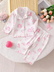 2pcs Baby Girls' Casual Loose Fit Rainbow Cloud Print Long Sleeve Cardigan And Pants Homewear Set, Pink Cute Pj Set Fall Winter - Pink - View 4