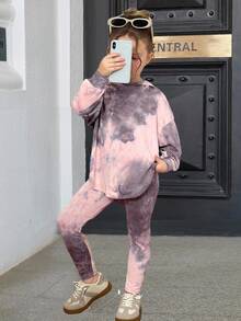 SHEIN 2 件年轻女孩青少年女孩服装，扎染不对称下摆落肩连帽衫和紧身裤 2 件服装，万圣节，舒适，秋冬，非常适合休闲和日常穿着和学校日常，酷街头女孩，Y2K 女孩，夏季，母女和姐妹搭配 - 彩色 - 查看 6