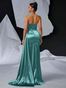 Glamrae 优雅奢华 V 领褶饰侧垂高开衩鱼尾长裙、晚礼服 - 薄荷藍 - 查看 2