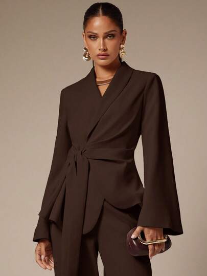 Silquee Elegant Solid Color Tie-Waist Wrap Suit Jacket, Suitable For Commuting Autumn Winter Clothes For Women
