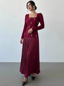 Firerie Women's Elegant Burgundy Autumn Square Neck Pearl Long Sleeve Pleated Hem A-Line Maxi Dress,Refined Dining Party Christmas New Year Clothes - Red Violet - View 6