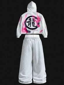 Manfinity EMRG 男士保暖内衬街头风流行INS风复古人像街头图案户外音乐节夜店男友老公周年纪念礼物二合一腰部运动裤和连帽卫衣套装，浅灰色，图案服装，Y2K风格服装，短款连帽衫，图案运动裤，印花运动套装，配套套装，秋冬 - 彩色 - 查看 2