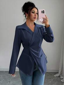 Elenzga Áo sơ mi buộc dây màu trơn đa năng dành cho nữ khi đi làm - Màu xanh hải quân - Xem 5