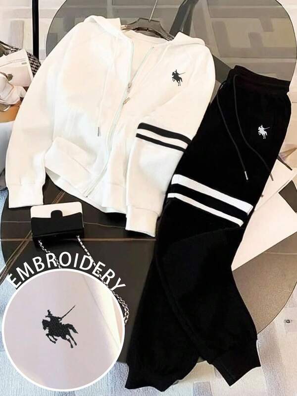 Resyla 2pcs Women Casual Zip-Up Hoodie Sweatshirt And Drawstring Pants Set