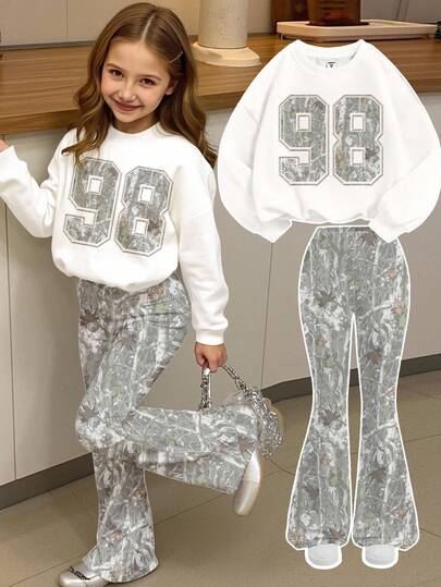 SHEIN Leap Crew 秋季迷彩树枝树叶图案，运动数字98印花，复古甜美美式校园风格，网眼淑女，城市漫步街头风，休闲校园运动，少女针织圆领字母图案宽松卫衣和喇叭裤两件套，复古街头风，轻松舒适，儿童秋季叠穿，2000年代风格，Y2K服饰，冬装，运动服