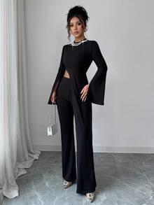 SHEIN Clasi 2pcs Women Black And White,Summer,Elegant,Party Night Mock Neck Flare Sleeve Asymmetrical Knit Sweater Top & Straight Leg Pants Set For Daily Outings - Black - View 5