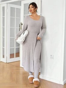 Lounesse 大码纯色罗纹针织长袖上衣和裤子两件套 - 杏色 - 查看 7