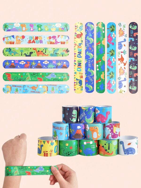 12Pcs Dinosaur Slap Bracelets Hawaiian Theme Flamingo Party Favors Colorful Patterns Tropical Luau Party Favors Decorations For Summer Beach Game Prizes