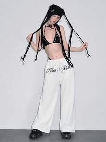 ROMWE Avant Women's Grunge Girl Wing Print Casual Pants - White - View 7