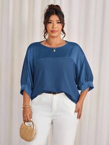 Cravure Plus Size Round Neck 3/4 Sleeve Metallic Fabric Patchwork Contrast Color Woven Fabric Cuff Raglan Sleeve Casual Outgoing Holiday Commute Party Pullover Shirt - Cadet Blue - View 4