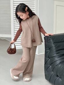 DAZY 2pcs Young Girl Girls Hooded Sweater Vest + Fleece Pants Set, Autumn