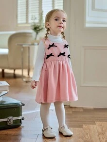 Souflis Souflis 2pcs Baby Girls' French Casual Velvet Ribbed Top & Pink Pinafore Dress Set,Cute Matching Family Pink And White Autumn Outfit With Bow Accent,Toddler - Pink - View 5