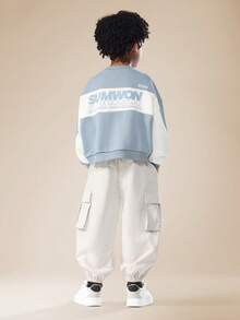 SUMWON 男童两件套卫衣套装，冬季休闲长袖圆领上衣搭配工装慢跑裤，街头风度假穿搭 - 藍色 - 查看 1